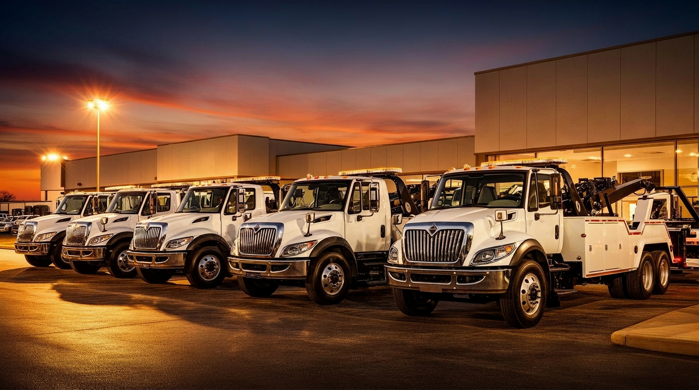 Miller tow truck fleet at dealership at dusk